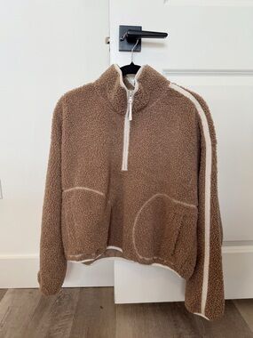 Brown Sherpa Half-Zip Pullover with Cream Trim